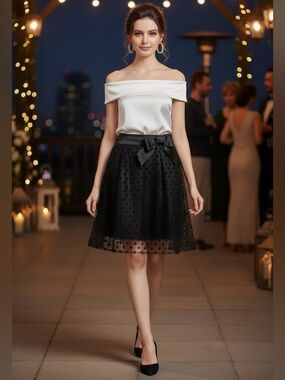 Elegant Black Polka Dot A-Line Skirt with Bow Accent on Waistband Size 12